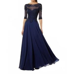 NEW MGNY beaded embroidered bodice mother of the bride gown in navy